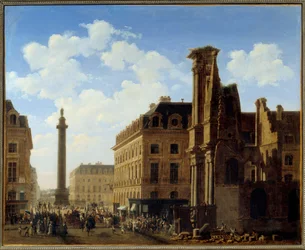 Place Vendome og gaten castiglione med ruinene av kirken Leafy. Maleri av Etienne Bouhot (1780-1862) 1808 Søn. 0,81x0,99 m Paris, Musee Carnavalet