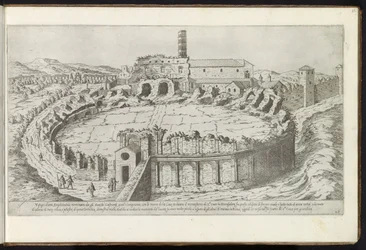 Amfiteateret Castrense te Roma Bouwwerken uit de oudheid (serietittel) Restene av det gamle Roma samlet og fotografert i perspektiv av Stefano Du Perac Parisino (serietittel på objekt)