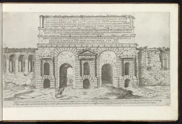 Porta Maggiore i Roma Bouwwerken uit de oudheid (serietittel) Restene fra antikken til Roma samlet og portretter i perspektiv av Stefano Du Perac Parisino (serietittel på objekt)