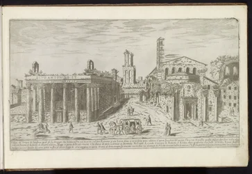 Ruinene av Antoninus- og Faustina-tempelet og Romulus-tempelet i Forum Romanums gamle bygninger (serietittel) I vestigi dell'antichità di Roma raccolti et ritratti in perspettiva da Stefano Du Perac Parisino (serietittel på objektet