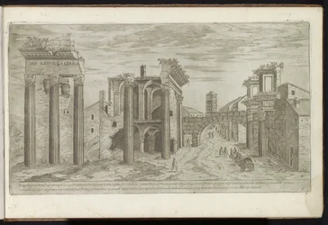 Ruiner ved Forum of Nerva Gamle strukturer (serietittel) I vestigi dell'antichità di Roma raccolti et ritratti in perspettiva da Stefano Du Perac Parisino (serietittel på objekt)