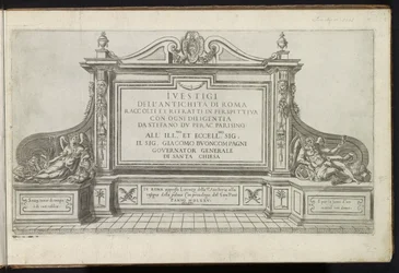 Titteltrykk med et monument med tittel, flankert av Faam og Fader Tid Gamle bygninger (serietittel) I vestigi dell