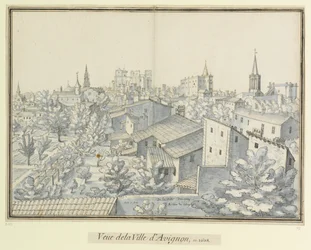 Fra byen Avignon  A. College-tårnet  1608 i august: Utsikt over byen Avignon, i 1608