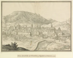 Byen Chambéry  Savoyens hovedstad: Utsikt over byen Chambéry, hovedstaden i Savoyen, i 1618
