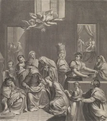 Jomfruens fødsel, kvinne sittende med et spedbarn i fanget, mange kvinner rundt..., 1677.