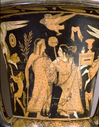 Etruskisk oldtid: klokkekrater med fremstilling av Trojas ødeleggelse: detalj med Dionysos og Ariadne. Fra Falerii Veteres (Civita Castellana). 350-300 f.Kr. Roma, Museo Nazionale di Villa Giulia