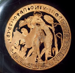 Etruskisk oldtid: detalj av en kylix som forestiller Dionysos og Ariadne. Fra Falerii Veteres (Civita Castellana), 6. århundre f.Kr. Roma, Museo Nazionale di Villa Giulia