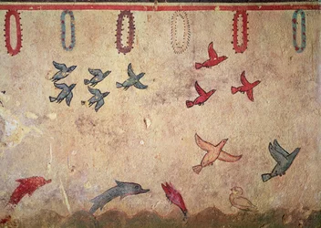 Vannfugler og hoppende delfiner, fra graven for jakt og fiske, ca. 520-10 f.Kr. (veggmaleri)