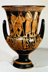 Calyx-krater (stor vase) av Turmuca-maleren som viser en scene fra underverdenen med Charon og jenter. Rødfigurkeramikk fra Vulci (Lazio). Etruskisk sivilisasjon, 330-300 f.Kr.