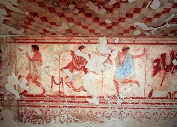 Dansere og musikere under en bankett. Fresker av Tomba del triclinium, 5. århundre f.Kr