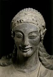 ETRUSK KUNST: Apollo (detalj). c. 510-490 f.Kr. Fra Veius, helligdom o..., ca. 510-490 f.Kr. (terrakotta)