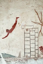 Etruskisk kunst: En ung svømmer som dykker. Freske av graven til "dykkeren". Detalj. Fra den sørlige kirkegården i Paestum. 480-470 f.Kr. Museo Archeologico Nazionale, Paestum