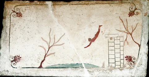 Etruskisk kunst: En ung svømmer som dykker. Freske av graven til "dykkeren". Fra den sørlige kirkegården i Paestum. 480-470 f.Kr. Museo Archeologico Nazionale, Paestum