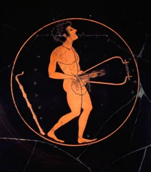 Etruskisk kunst: svart terrakotta-kylix dekorert med en fremstilling av en lyrespiller. Fra De greske vasenes grav. Banditaccia-nekropolen. Cerveteri. 6. eller 5. århundre f.Kr. Roma, Museo Nazionale di Villa Giulia