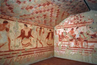 Etruskisk kunst: fresker som skildrer bankettscener. Trikliniums grav. 5. århundre f.Kr. Nasjonalt arkeologisk museum i Tarquinia Italia