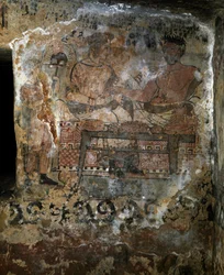 Etruskisk sivilisasjon: Larth Velcha og hans kone Velia Seithi avbildet ved en bankett på en freske i «Scudi»-graven (Tomba degli Scudi), 340 f.Kr. Monterozzi-nekropolen, Tarquinia, Italia