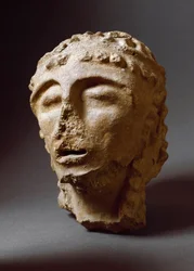 Etruskisk sivilisasjon: Terracotta manns hode. 550-530 f.Kr. Fra det andre palasset i Murlo. Depositi Soprintendenza Archeologica del 