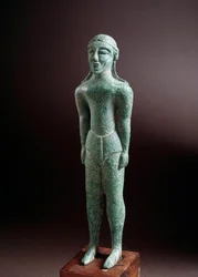 Etruskisk sivilisasjon: "" kouros"" bronseskulptur, fra Castello nær Firenze, Italia, 550 f.Kr., Dim 15 cm