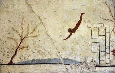 Gresk kunst: En ung svømmer som dykker. Freske av graven til «dykkeren», Paestum
