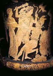 Italia, Umbria, Perugia, rød-figur calyx krater (vase brukt til å blande vin og vann) som viser Herakles som treffer en Amazonas, malt av Vulci-skolen, 330/300 f.Kr.