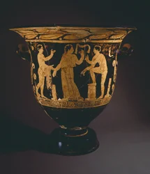 Krater (stor vase) av Nepi-maleren. Keramikk med røde figurer fra Corchiano (Lazio). Etruskisk sivilisasjon, 4. århundre f.Kr.