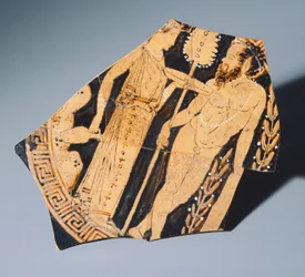 Kylix av Villia Giulia-maleren, fragment. Keramikk med rød figur. Etruskisk sivilisasjon, 4. århundre f.Kr.