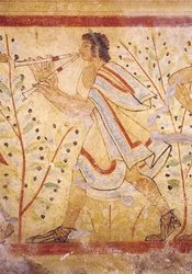 Musiker som spiller Pipes, fra Leopardens grav, ca. 490 f.Kr. veggmaleri detalj av 76027