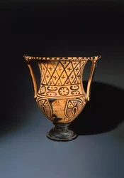 Rød-figur calyx krater (vase brukt til å blande vin og vann) som viser et menneskelig ansikt