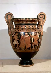 Keramikk med rød figur, Volute krater som viser Alcestis som omfavner A.D.metus og inskripsjon av navn, av Alcestis Painter