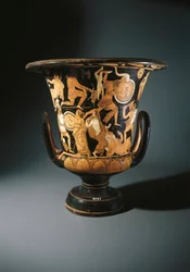 Keramikk med rød figur, begerkrater som viser Neoptolemus, Astyanax, Helen av Troja og Priamo på bakken, av Nazzano Painter, fra Civita Castellana