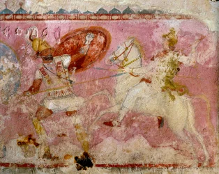 Amazonas-sarkofag med malt scene av et slag, hvit kalkstein, fra Tarquinia, Latium-regionen, Italia, detalj