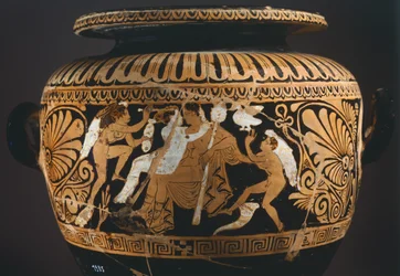 Stamnos (væskelagringskar), detalj som viser Dionysos og Ariadne. Rødfigurkeramikk fra Porano (Umbria). Etruskisk sivilisasjon, 4. århundre f.Kr.