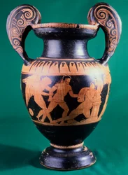 Volute krater av maleren av Mainz, som viser en kriger og en amazon. Keramikk med rød figur. Etruskisk sivilisasjon, 4. århundre f.Kr.