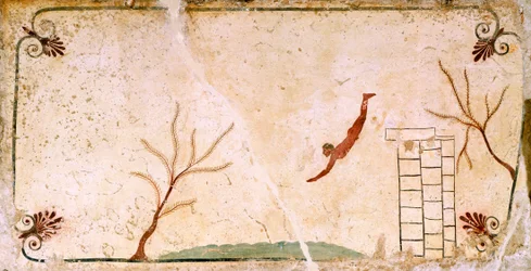 dykker, ca. 480–490 f.Kr., dekorativ freske fra dekselplaten til Dykkerens grav i Paestum, Campania, Italia, 5. århundre f.Kr.