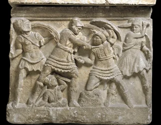 Etruskisk kunst: "" Eteocle and Polynice""" de to brødrene, sønn av Oidipus, Basrelieff av en sarkofag av Chiusi, 3. århundre f.Kr. - Palermo, Museo Archeologico Nazionale - Duell mellom brødrene Eteocles og Polynices, sønner av Oedipus - Bas - lettelse, d