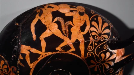 Etruskisk kunst: Kylix dekorerer en komos, rituell kortege av satyrer (første eksempel på etruskisk keramikk med røde figurer ved hjelp av reliefflinjer). 380 f.Kr. Fra Vulci (?) Paris, Musee Rodin