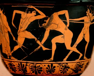 Etruskisk kunst: pyxis dekorerer en palestra-scene, idrettsutøvere øver på spydkast fra Cerveteri. Roma, Museo di Villa Giulia