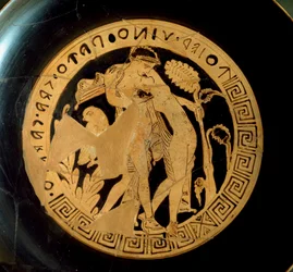 Etruskisk sivilisasjon: detalj av en kylix som representerer Ariane (Ariadne) og Dionysus. Fra Necropolis Falerii Veteres. Roma, Villa Giulia