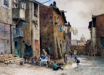 Middelalderhus i Via della Lungaretta i Roma, av Ettore Roesler Franz (1845-1907), akvarell, Italia