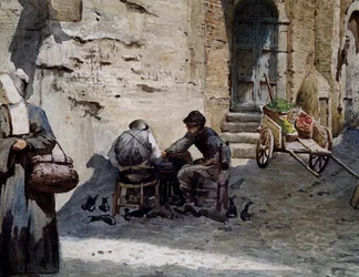 Gamle middelalderhus på Lungaretta av Ettore Roesler Franz (1845-1907), akvarell fra Vanished Rome-serien, Detail, Italia