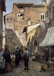 Pierleonis gamle hus i Roma, akvarell av Ettore Roesler Franz (1845-1907), Italia