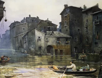 Via della Fiumara oversvømmet i Roma, av Ettore Roesler Franz (1845-1907), akvarell, Italia
