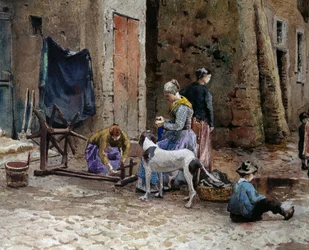 Kvinner konsentrerer seg om spinning, detalj av gamle hus i Lungaretta i Roma