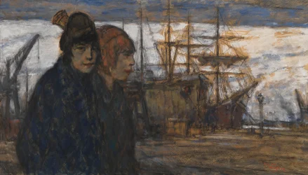 Kvinner ved havnen (olje på lerret)