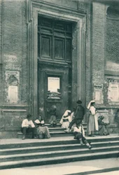 Møtested for kunstnermodeller foran en kirke i Via Babuino, Roma, Italia, 1927