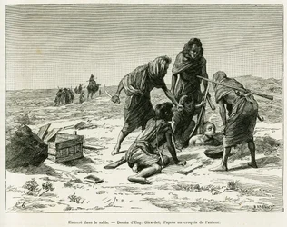 Begravelse i sanden. Gravering ved Eugène Girardet til illustrasjon av beretningen Fem måneder blant de nomadiske maurerne i Vest-Sahara, i 1887, av Camille Douls, i Le Tour du monde 1888, under ledelse av Édouard Charton (1807-1890), Hachette, Paris.