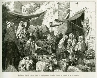 Flau i Teboursouk Souk Street. Gravering av Eugene Girardet, for å illustrere historien Voyage en Tunisie, av R.Cagnat og H.Saladin, anklaget for et arkeologisk oppdrag fra departementet for offentlig utdanning, i tour du monde 1888, under instruks