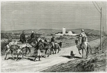 Traileren vår flytter seg. Gravert av Eugene Girardet, for å illustrere historien "" Voyage en Tunisie", av Rene Cagnat (1852-1937) historiker og Henri Saladin (1851-1923), arkitekt, bestilt i 1882-1883, av departementet for offentlig undervisning. Publise