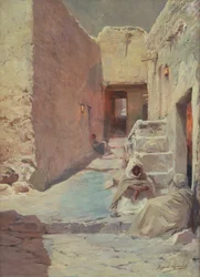 Gatescene med arabere (olje på lerret)