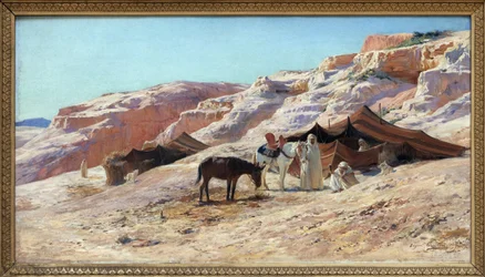 Leiren, oljemaleri på lerret av Eugene Girardet (1853-1907), leir for en gruppe arabiske reisende (beduiner) i et landskap av sanddyner. Dim. 50x60 cm. Fotografi, KIM Youngtae, Nantes, Musee des Beaux Art de Nantes.